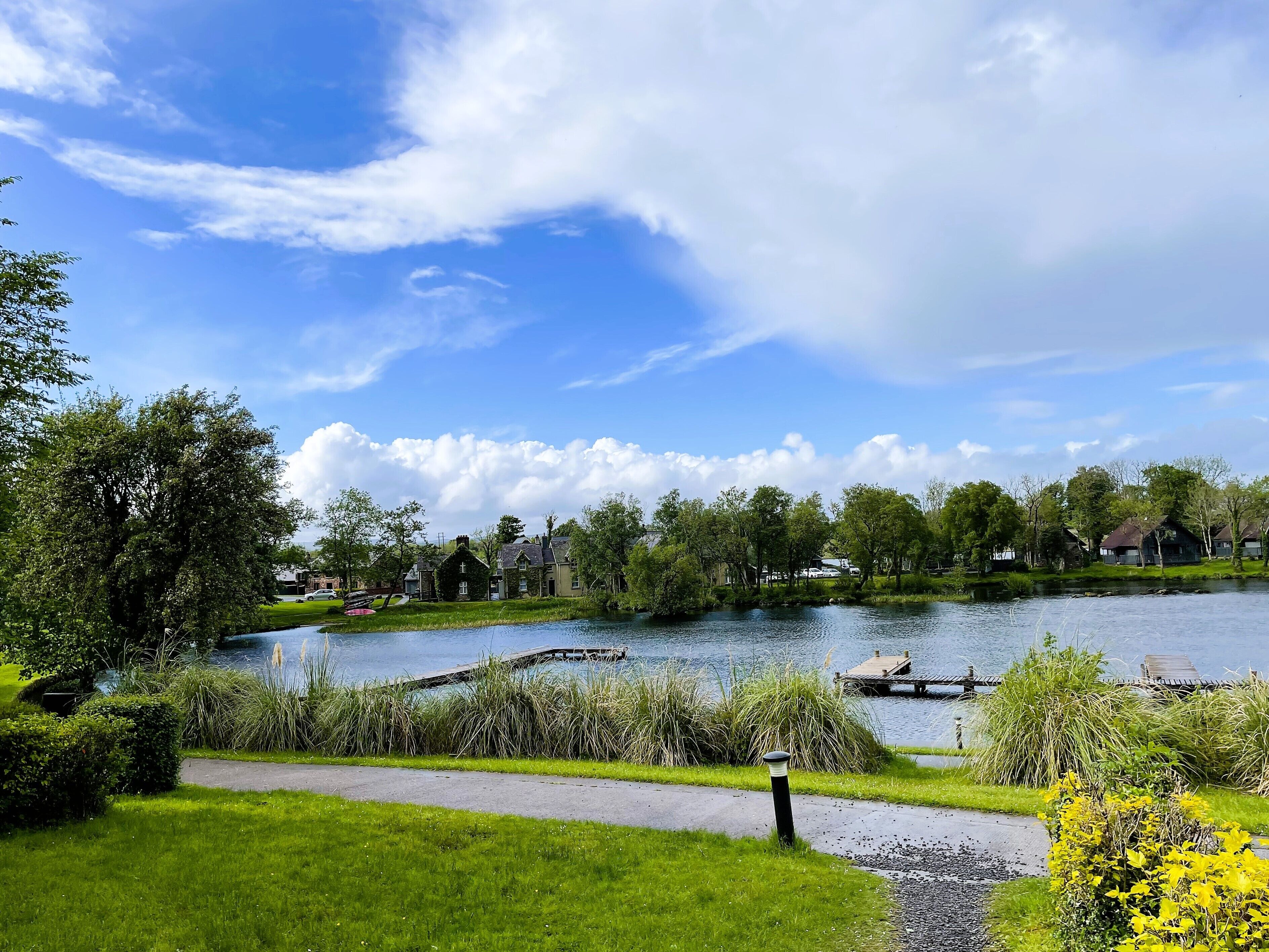 A serene lakeside view with a pathway, grassy areas, and houses in the background.