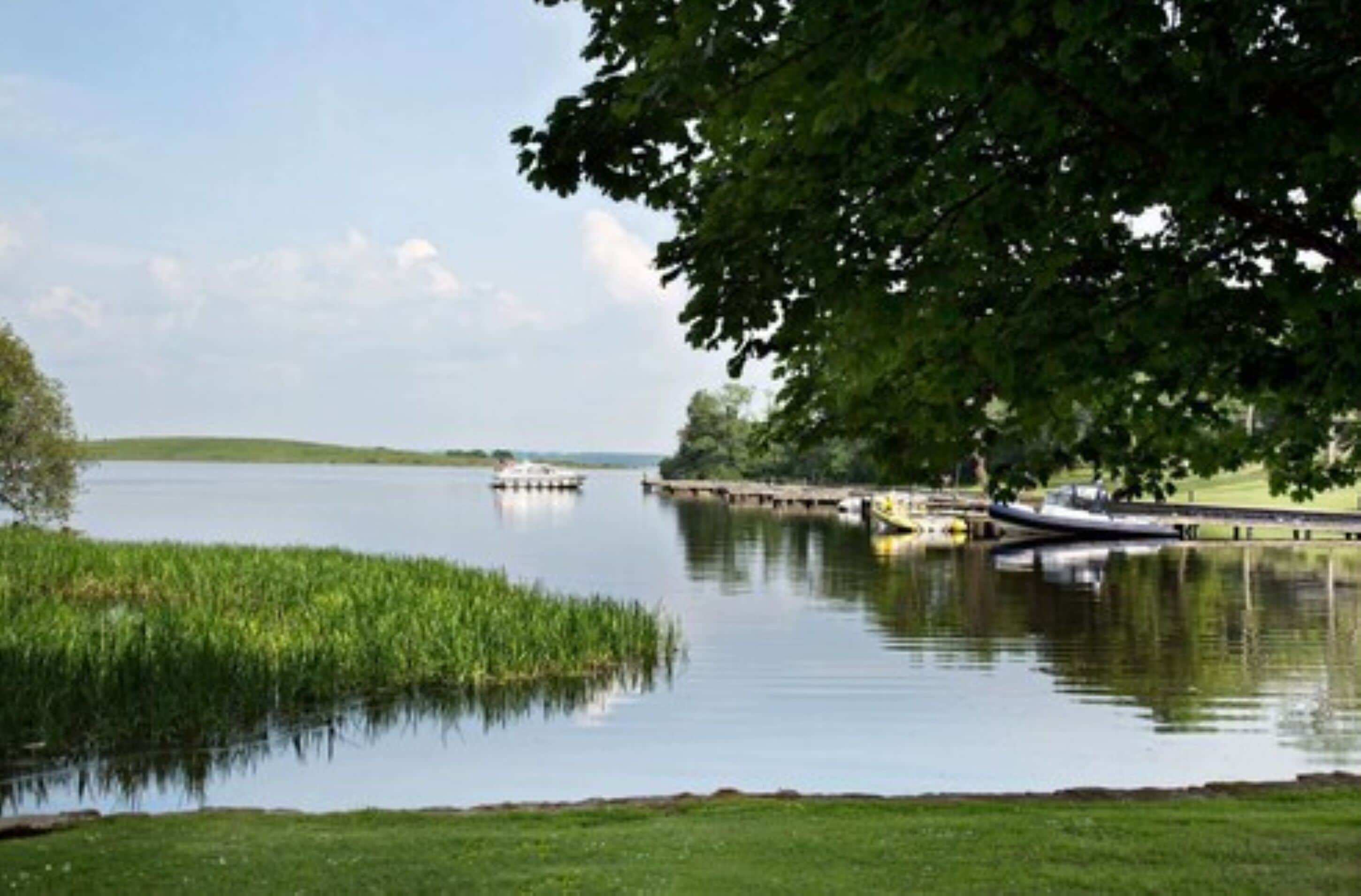 A calm lake with boats, grassy banks, and a tree in the foreground.