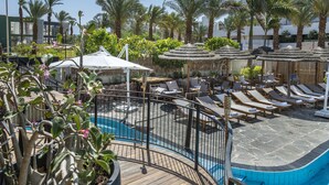 Ein Poolbereich mit Liegestühlen, Sonnenschirmen und einem Pool.
