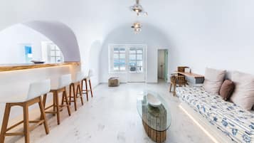 Luxury Villa, 2 Bedrooms, Private Pool, Sea View | Living room | 50-inch flat-screen TV with satellite channels, TV, fireplace