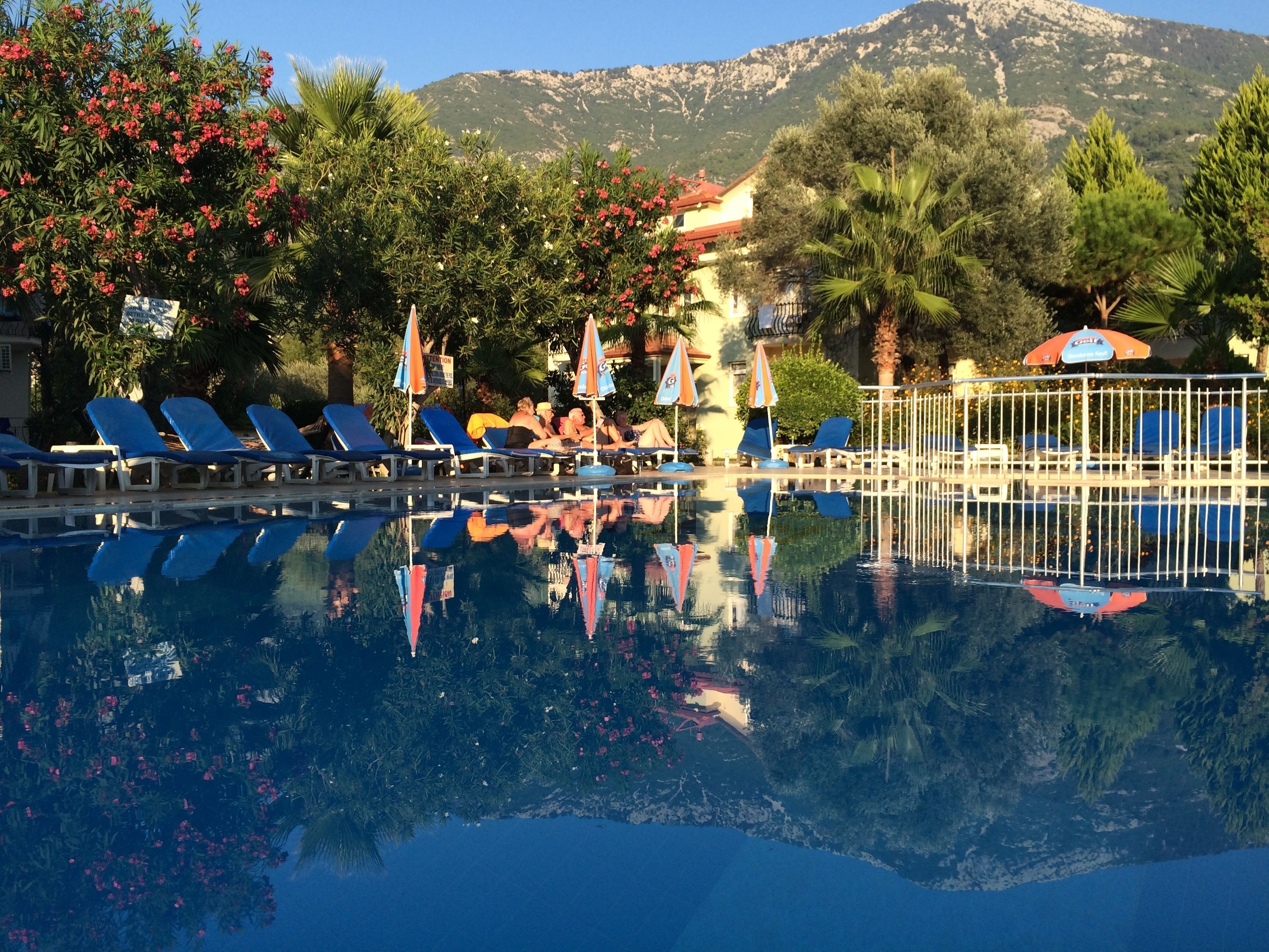 Outdoor pool, pool umbrellas, pool loungers