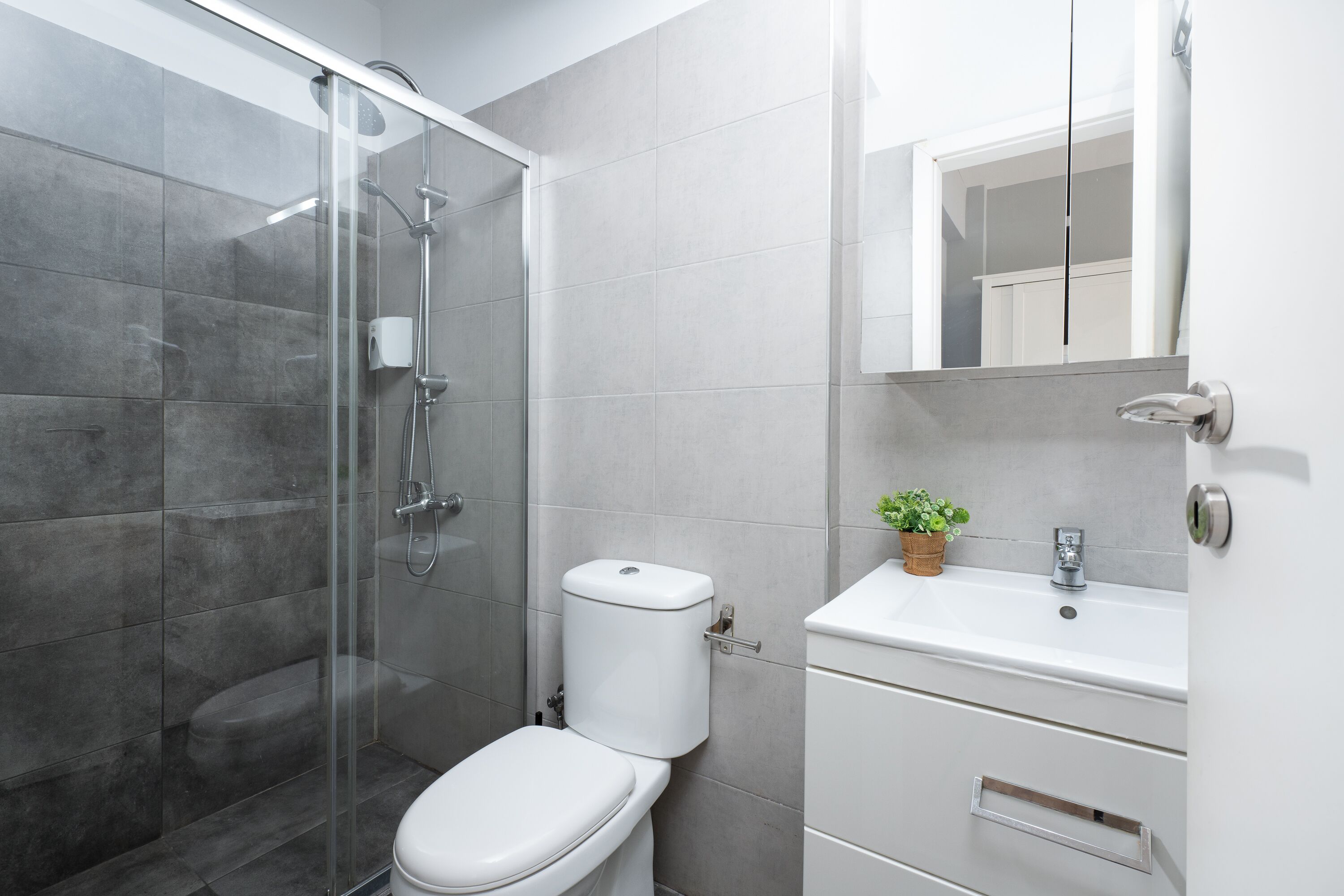 A modern bathroom with a glass-enclosed shower, a white toilet, and a sink with a mirror above it.