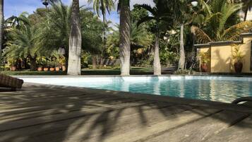 Outdoor pool, pool umbrellas, pool loungers