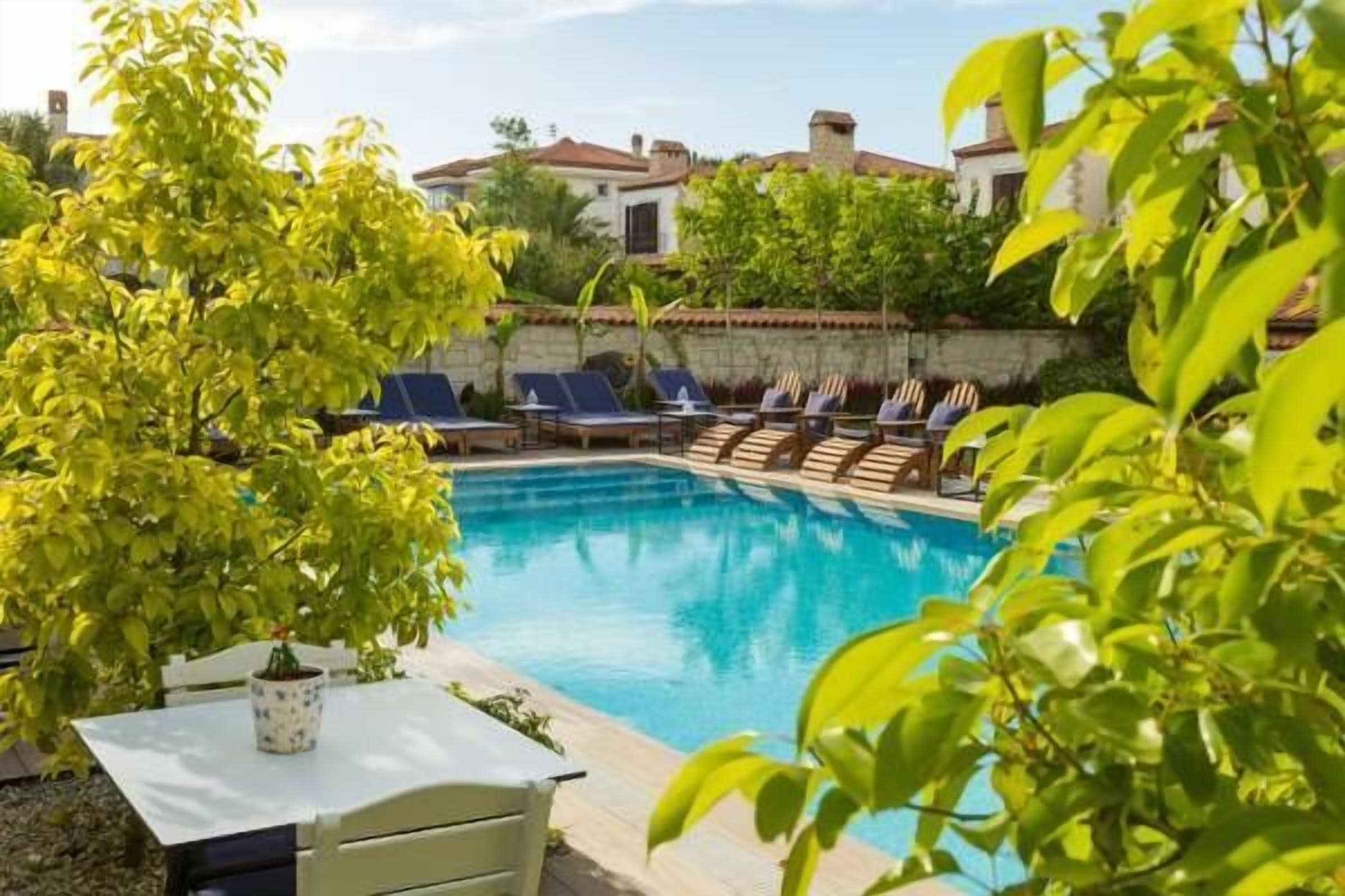 Outdoor pool, pool umbrellas, sun loungers