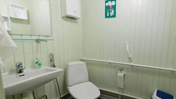 Ein kleines Badezimmer mit Waschbecken, Toilette und Spiegel.