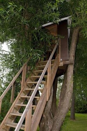 Una escalera de madera que lleva a una casa del árbol construida en un árbol grande.