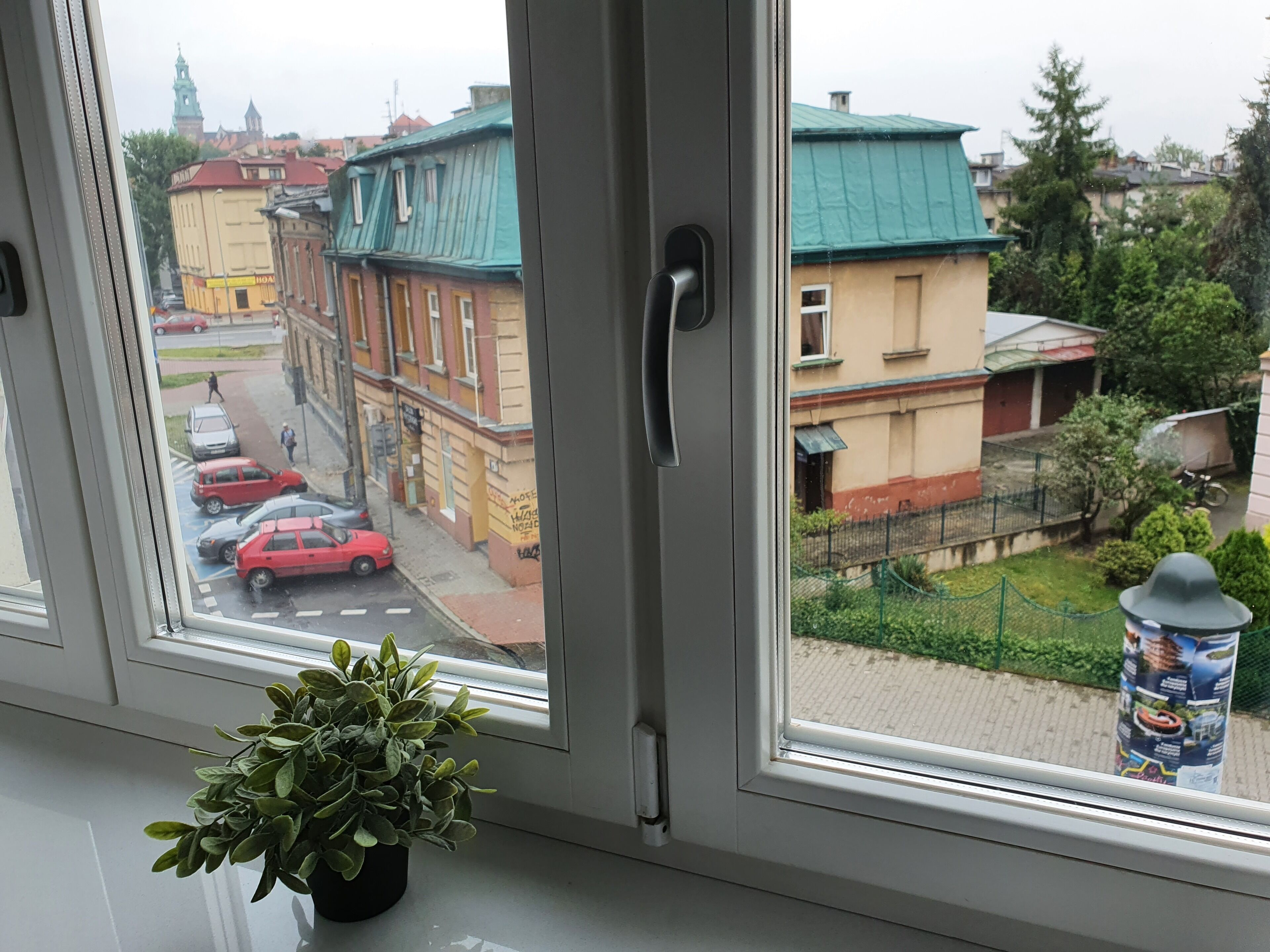 A window with a view of a street, a potted plant on the windowsill, and a building with a green roof in the background.