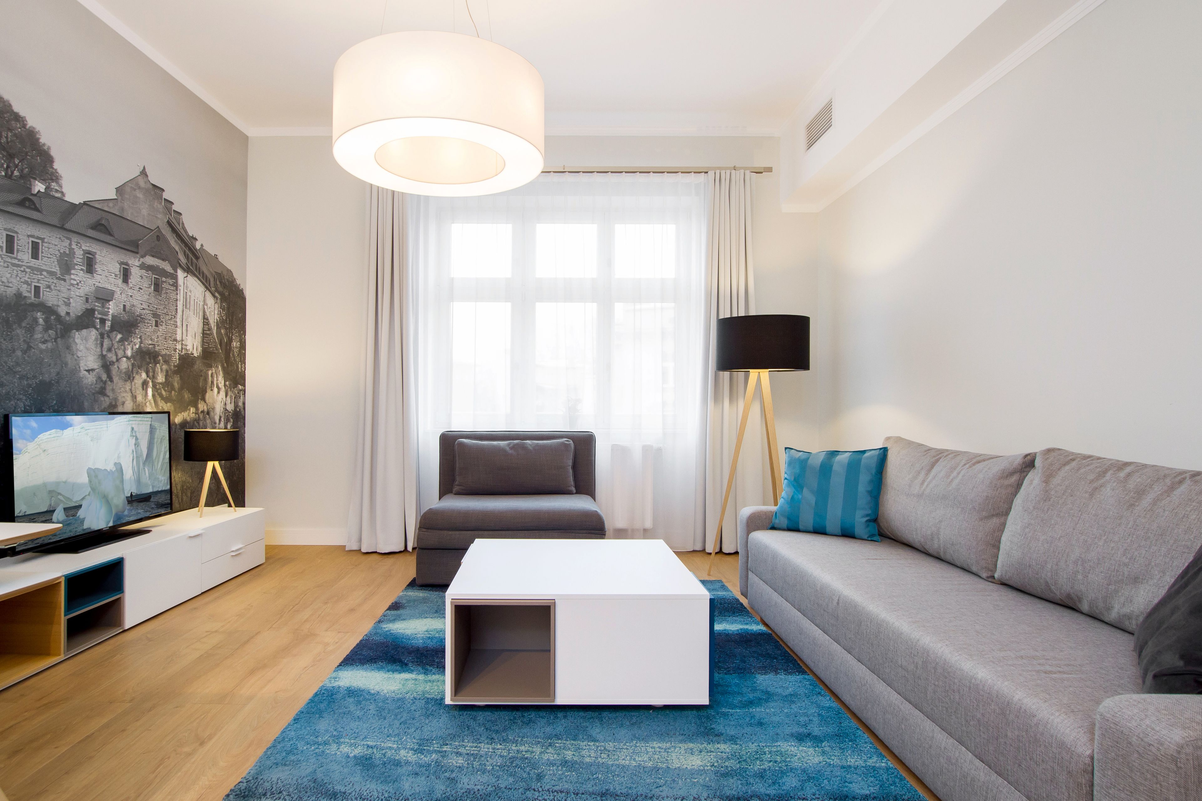 A modern living room with a flat-screen TV, a white coffee table, a grey sofa, a blue rug, and a large window with sheer curtains.