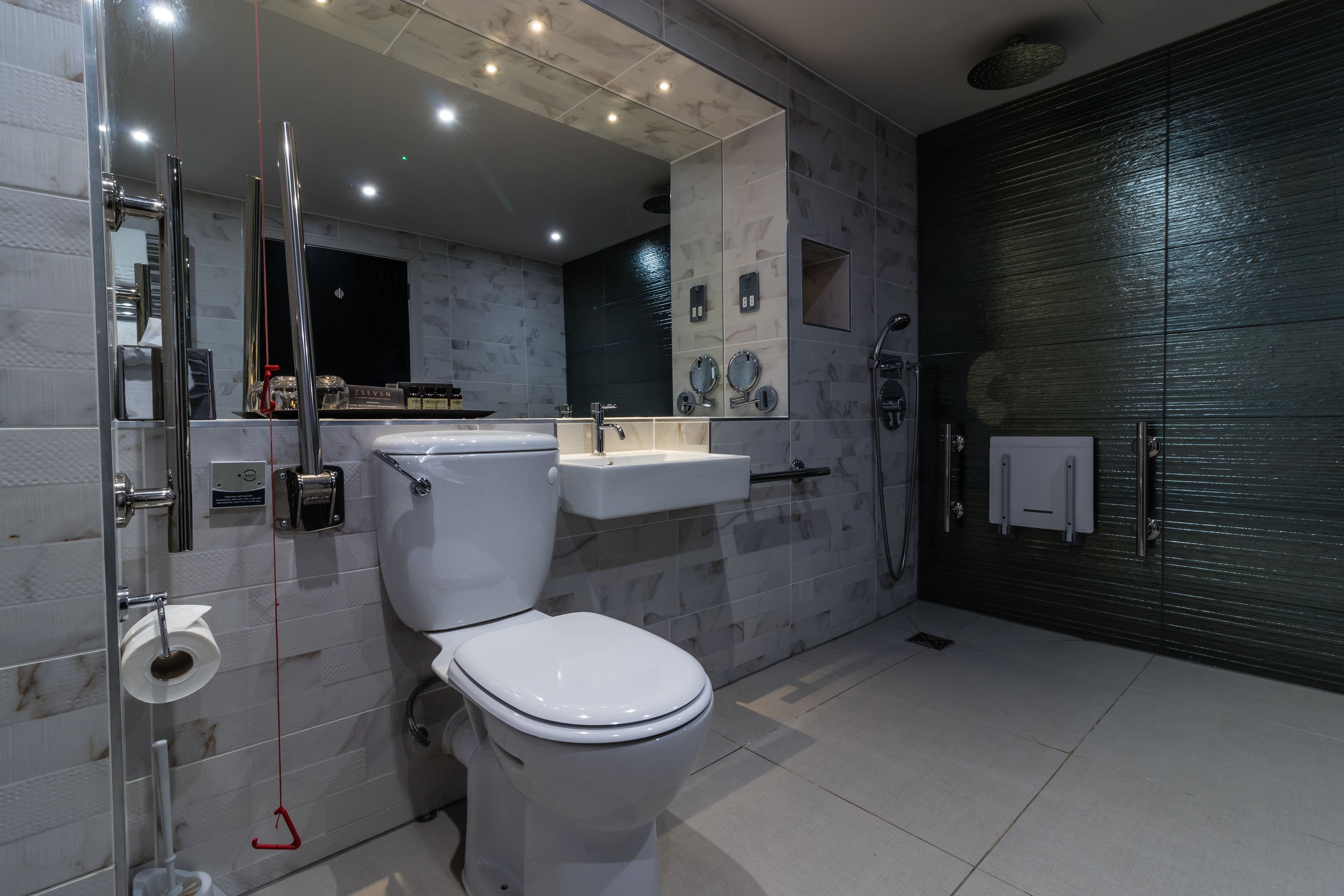 comfort room, accessible | bathroom | rainfall showerhead, hair dryer, towels