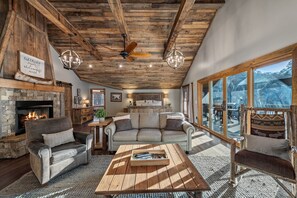 Smart TV, fireplace, DVD player, books