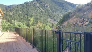 A wooden deck with a black metal railing overlooking a mountainous landscape. - August Just Opened Up & Beautifully Wild has A/C! 21-Z3031 (Bellvue)