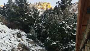 A snow-covered outdoor area with a stone building, a metal fence, and a wooden bench. - August Just Opened Up & Beautifully Wild has A/C! 21-Z3031 (Bellvue)