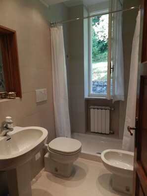 Duschwanne, Haartrockner, Bidet, Handtücher