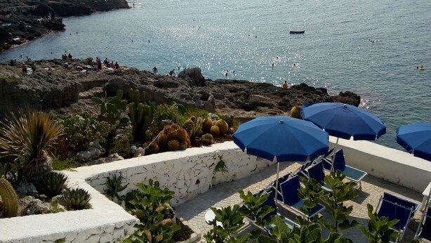 Een kustgezicht met rotsachtig terrein, cactussen en een strand met blauwe parasols en stoelen.