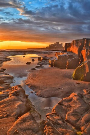 A coastal landscape with a rocky shoreline, a body of water, and a distant castle-like structure. - Fossil Bank, a luxury detached retreat in the heart of Alnmouth, with parking (Alnmouth)