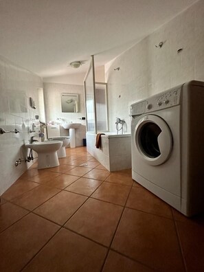 Combined shower/bathtub, hair dryer, bidet, towels
