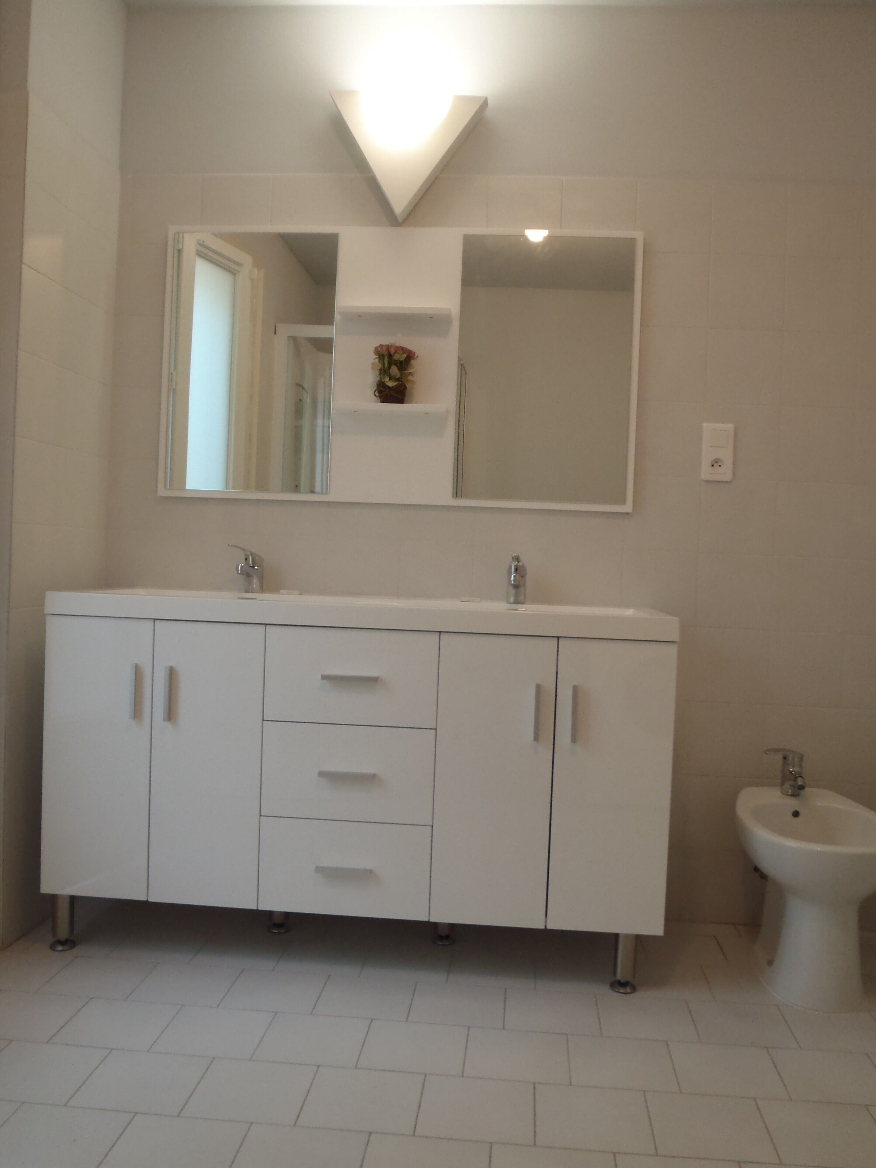A bathroom with a white vanity, a mirror, a sink, and a bidet.