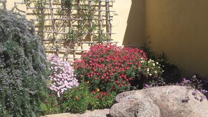 A garden with various flowering plants and a bamboo trellis against a yellow wall. - GROUND FLOOR ALL COMFORT NEAR THE SEASIDE IN MOLINI-AGOSTA (Albitreccia)