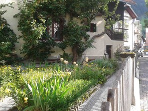 Stroll through the serene garden, lined with a variety of flowering plants and shrubs, and enjoy the peaceful atmosphere.