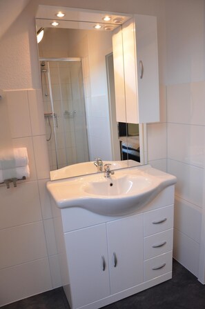 Shower, towels, soap, toilet paper