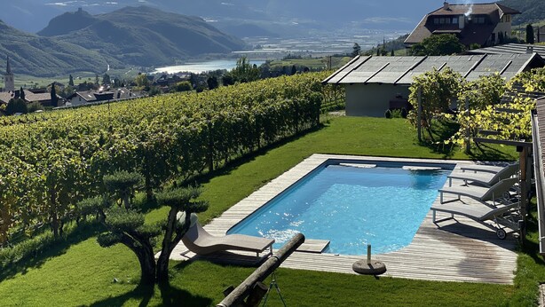 A pool area with a view of mountains and a vineyard.