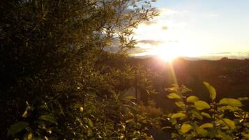 A view of a sunset over a landscape with buildings in the distance.