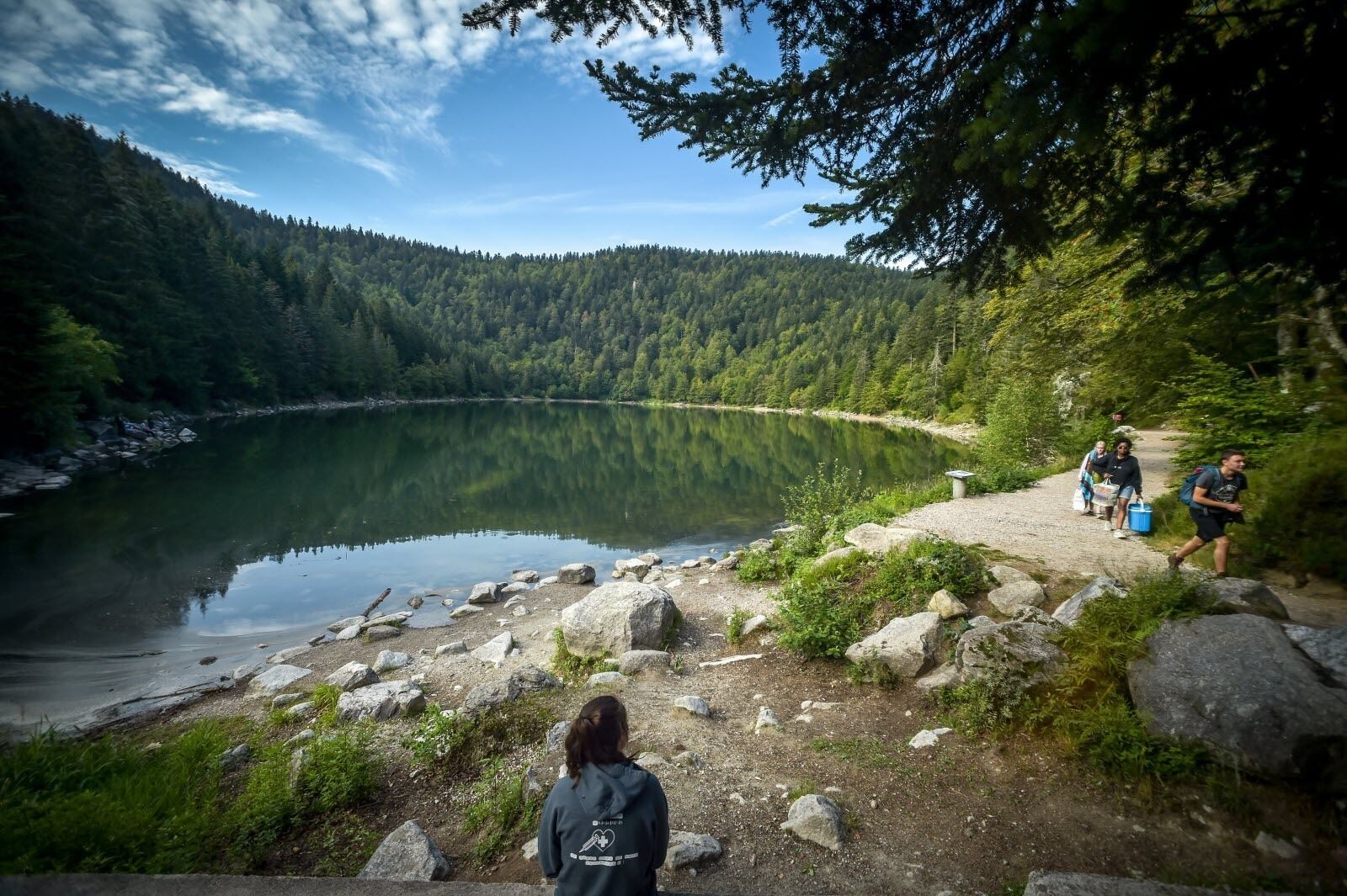 A lake surrounded by forest with a rocky shoreline and a path leading into the woods.