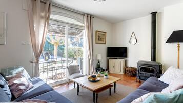 Télévision, cheminée, lecteur de DVD, table de tennis de table