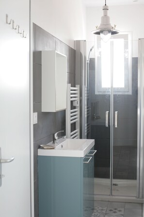 Shower, hair dryer, towels