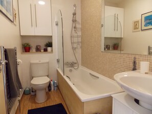 Combined shower/tub, hair dryer, towels, soap