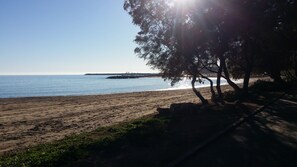 Una playa con cielo despejado, mar tranquilo y un muelle a lo lejos.