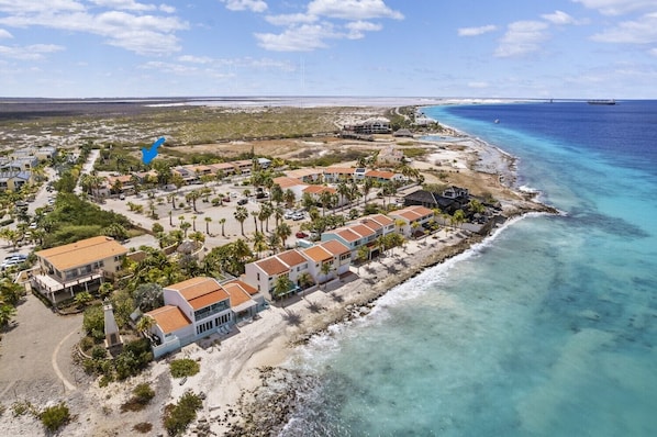 An aerial view of a coastal resort with beachfront villas, palm trees, and a clear blue ocean.