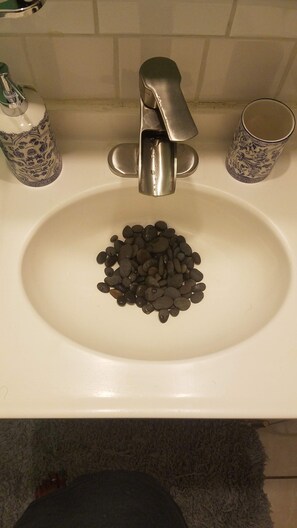 Combined shower/tub, hair dryer, towels, soap