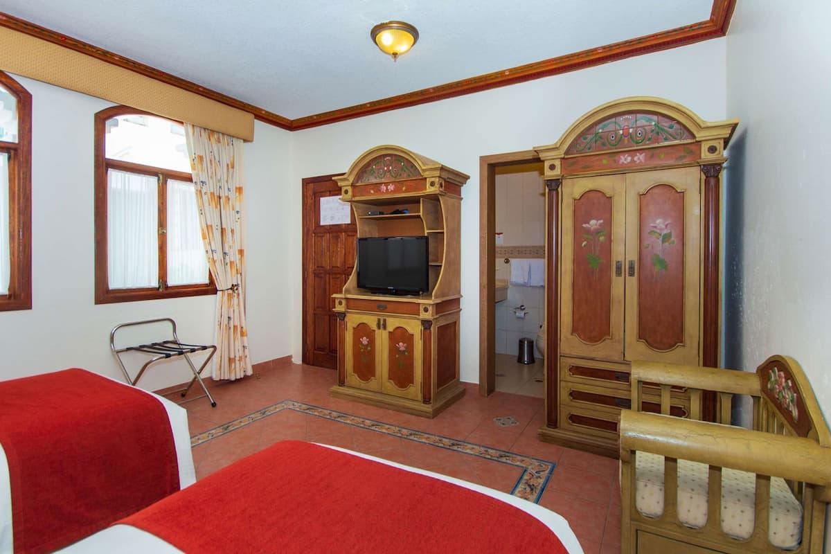 A room with two beds, a television, wooden wardrobes, and a chair.