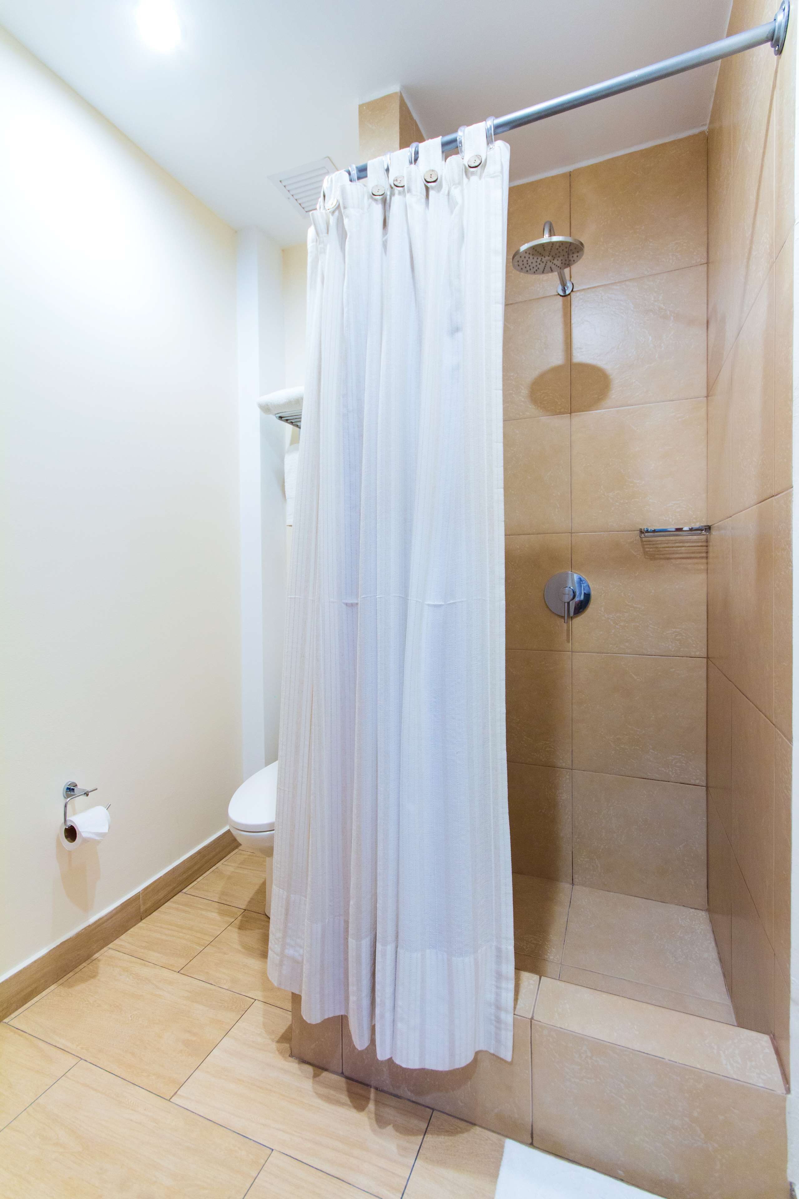 A shower area with a curtain, a toilet, and a towel rack.