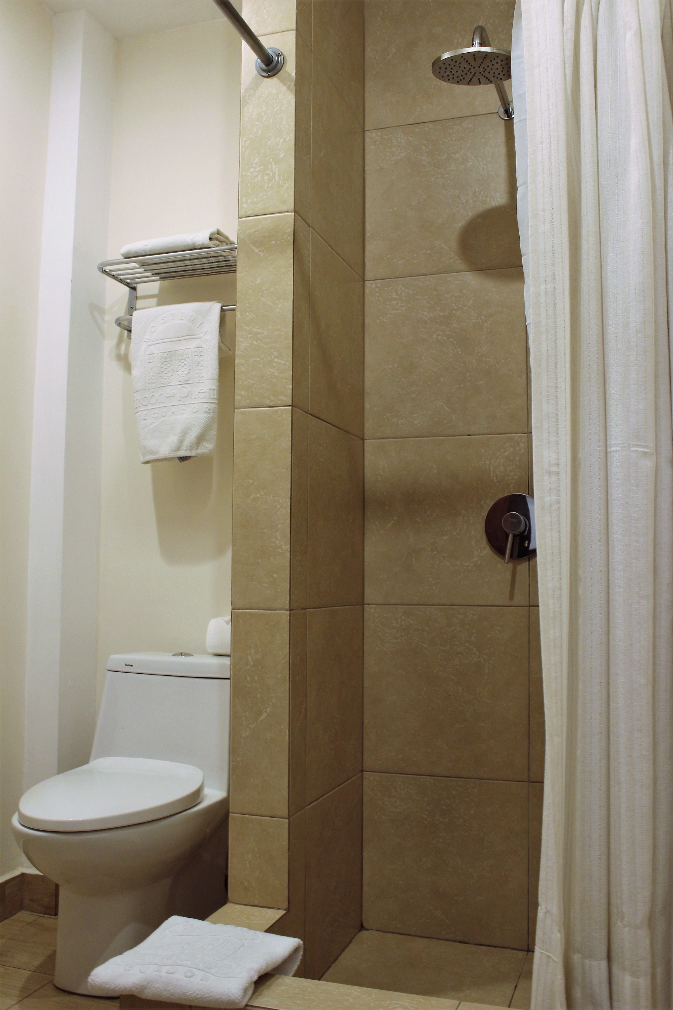 A bathroom with a shower, toilet, and towel rack.