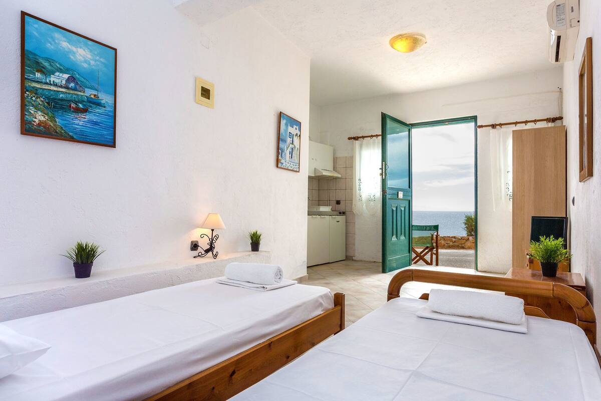 A room with two beds, a painting, a potted plant, and a view of the sea.