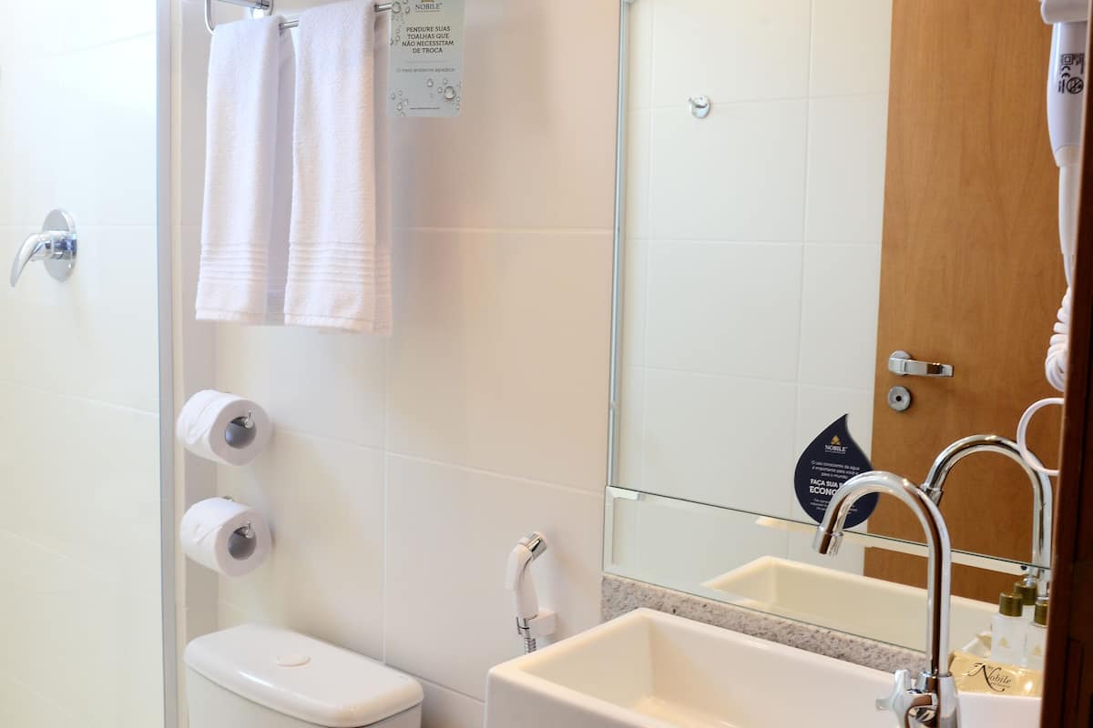 shower, free toiletries, hair dryer, towels