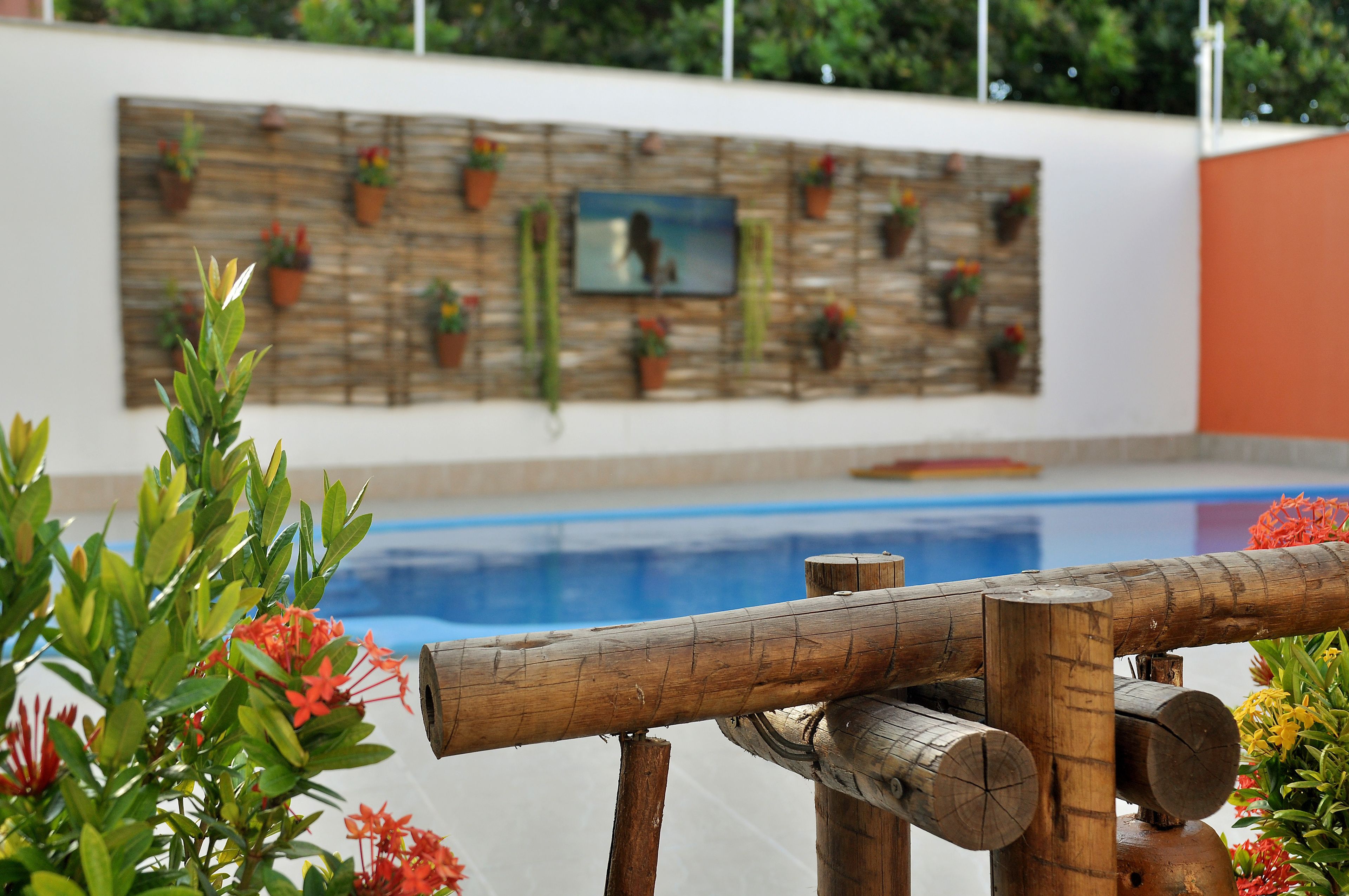Un área de piscina con cerramiento de madera, plantas en macetas y un cuadro colgado en la pared.