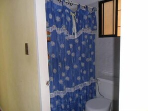 A bathroom with a blue shower curtain, a white toilet, and a light switch on the wall.