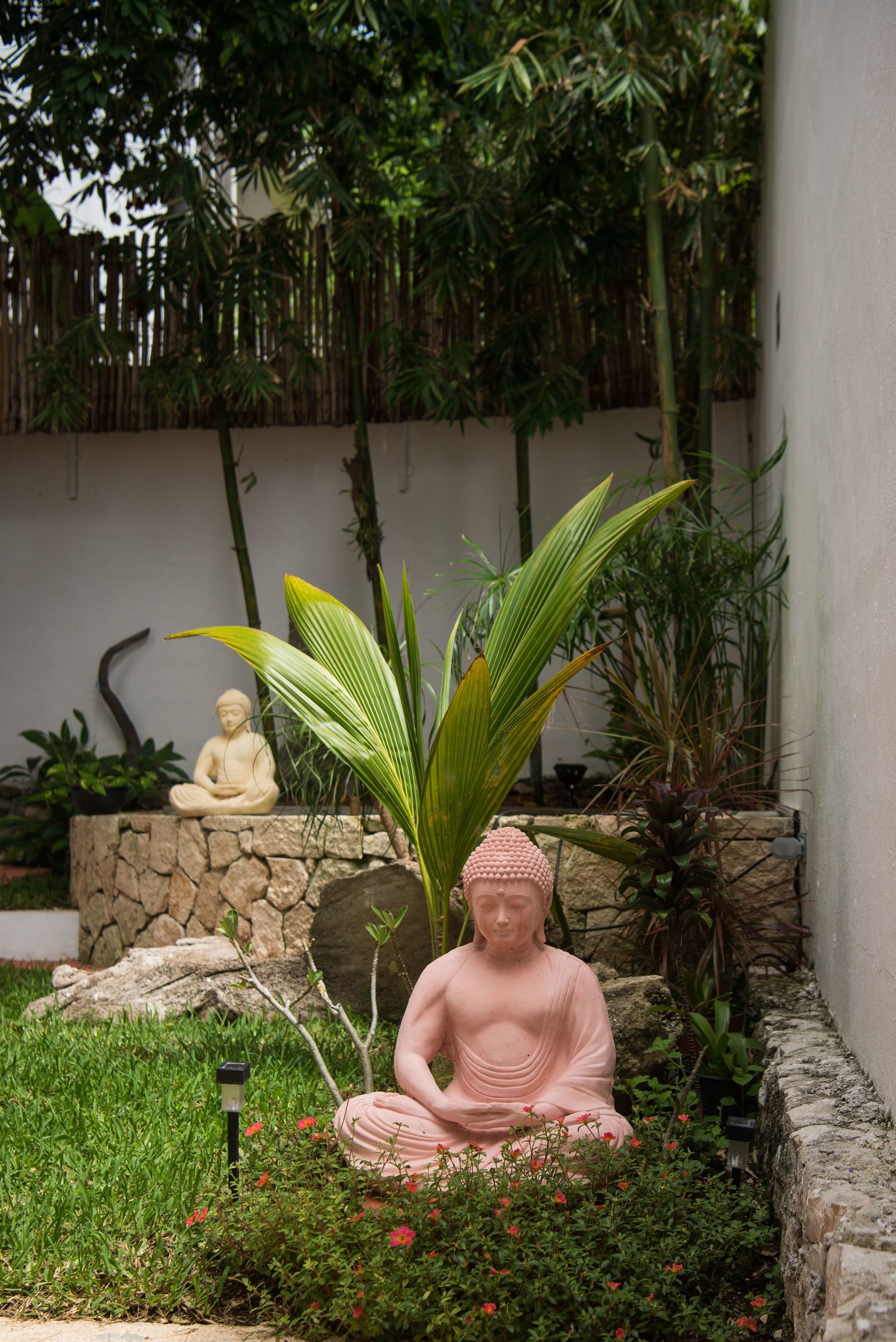 A garden with a pink Buddha statue, a stone wall, and various plants.