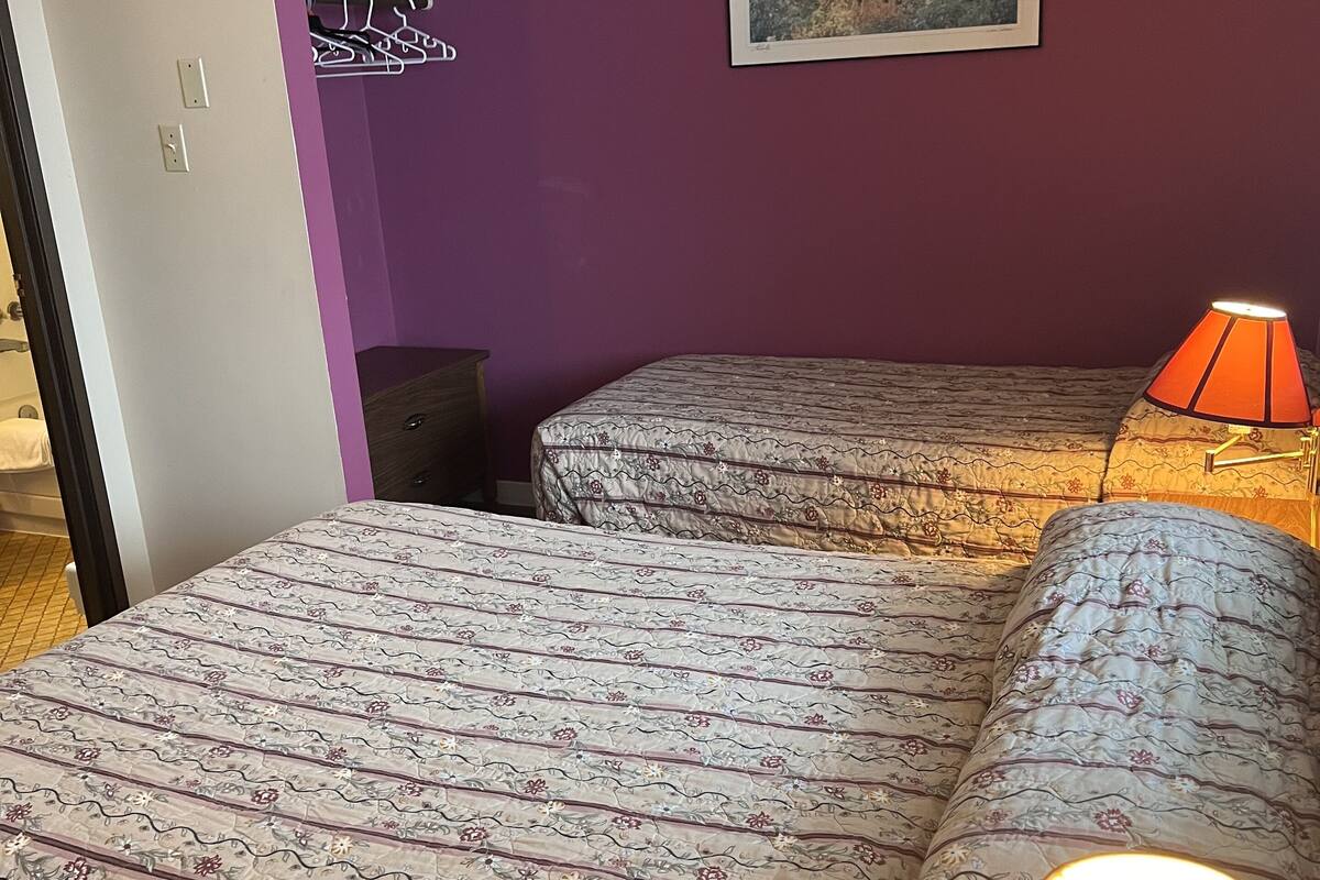 A room with two beds, purple walls, a framed picture, and a lamp.