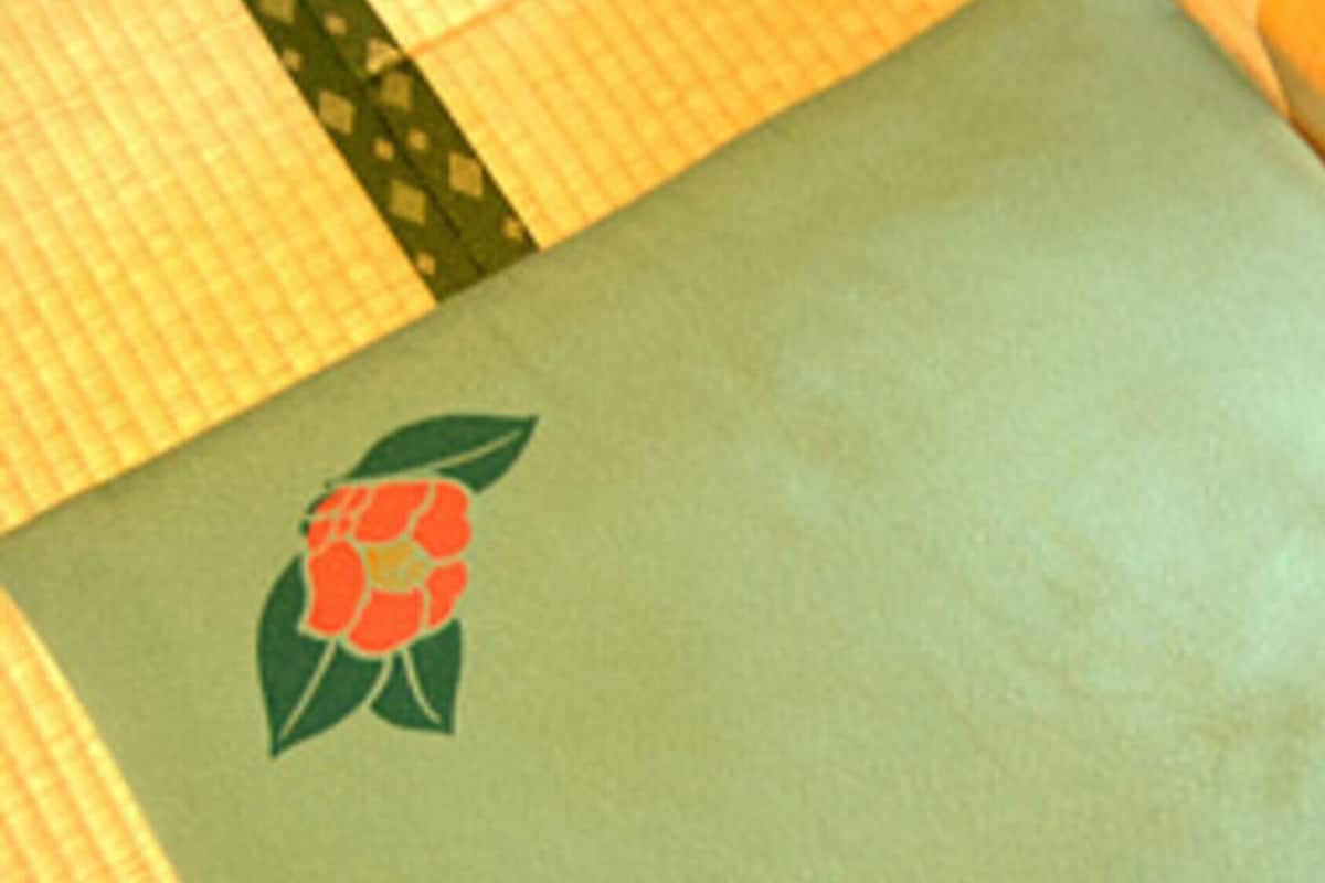 A green pillow with a red flower and leaf design.