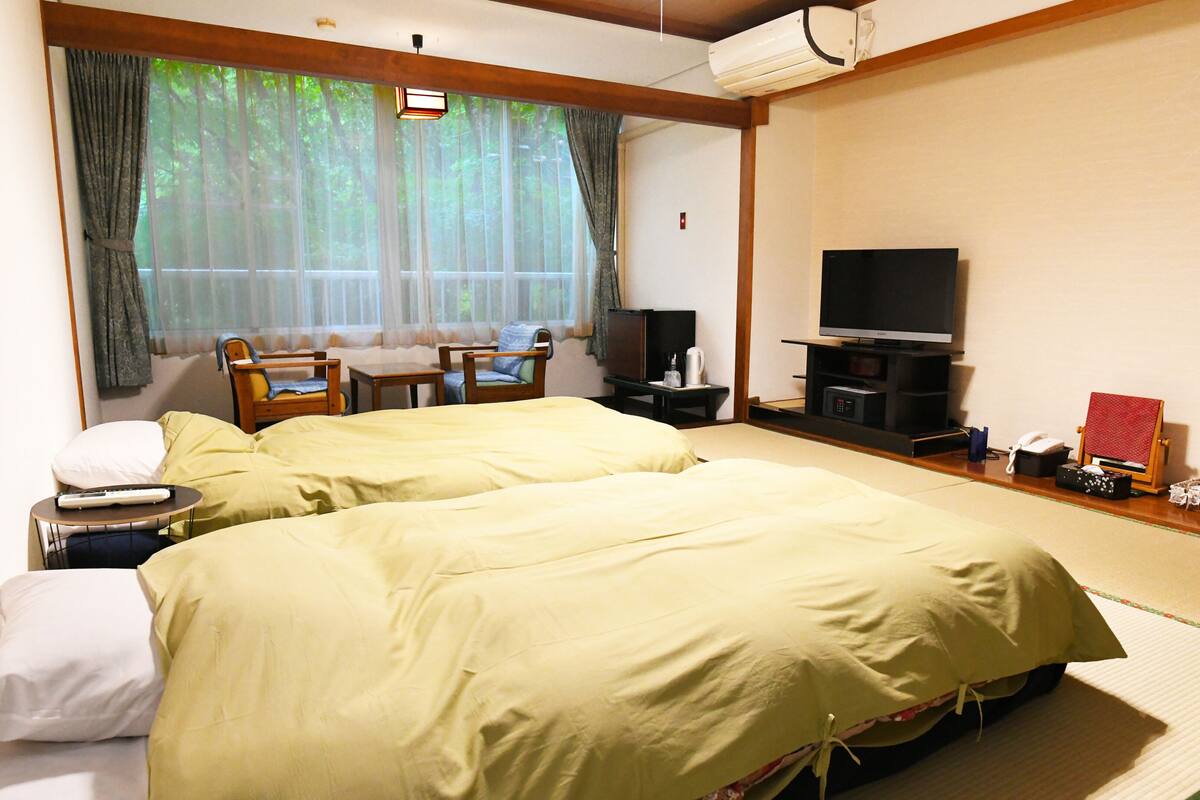 A hotel room with two beds, a TV, a desk, and a view of the outdoors.