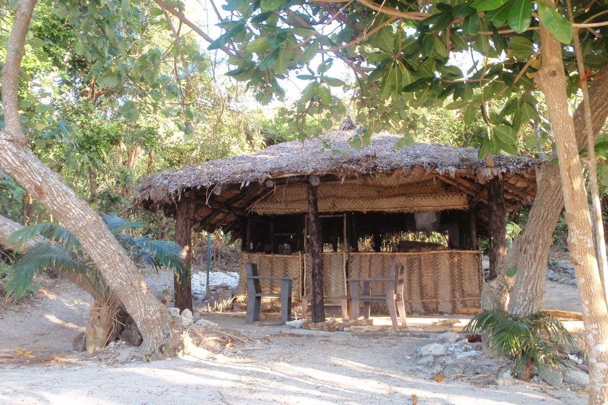 A rustic hut with a thatched roof, surrounded by trees and a dirt ground.