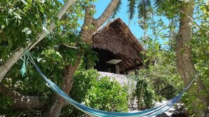 A hammock between trees, a thatched-roof hut, and a sandy beach. - Tranquility Island Resort (Moso Island)