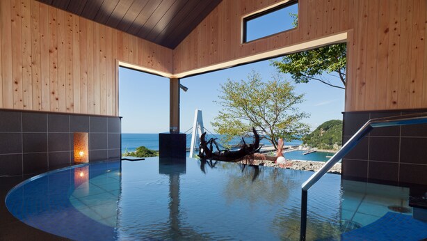 Una piscina interior moderna con paredes de madera y vista al mar.