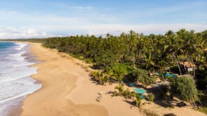 A beach with a sandy shore, palm trees, and a few buildings with blue roofs. - Seven Turtles Resort (Rekawa)