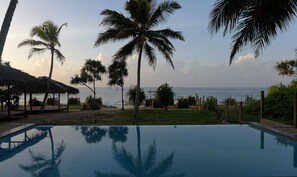 Vista a la piscina con una clara vista del océano, palmeras y una estructura de techo de paja.