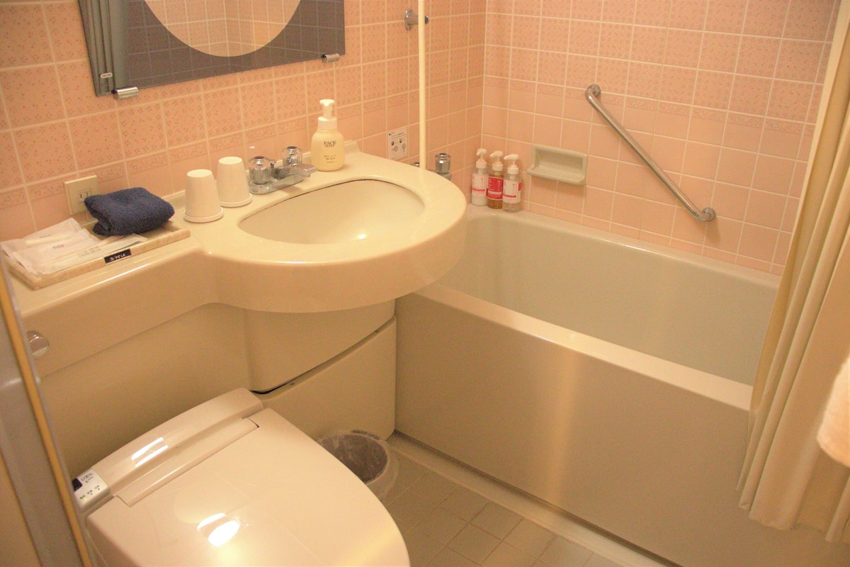 combined shower/bathtub, free toiletries, hair dryer, slippers